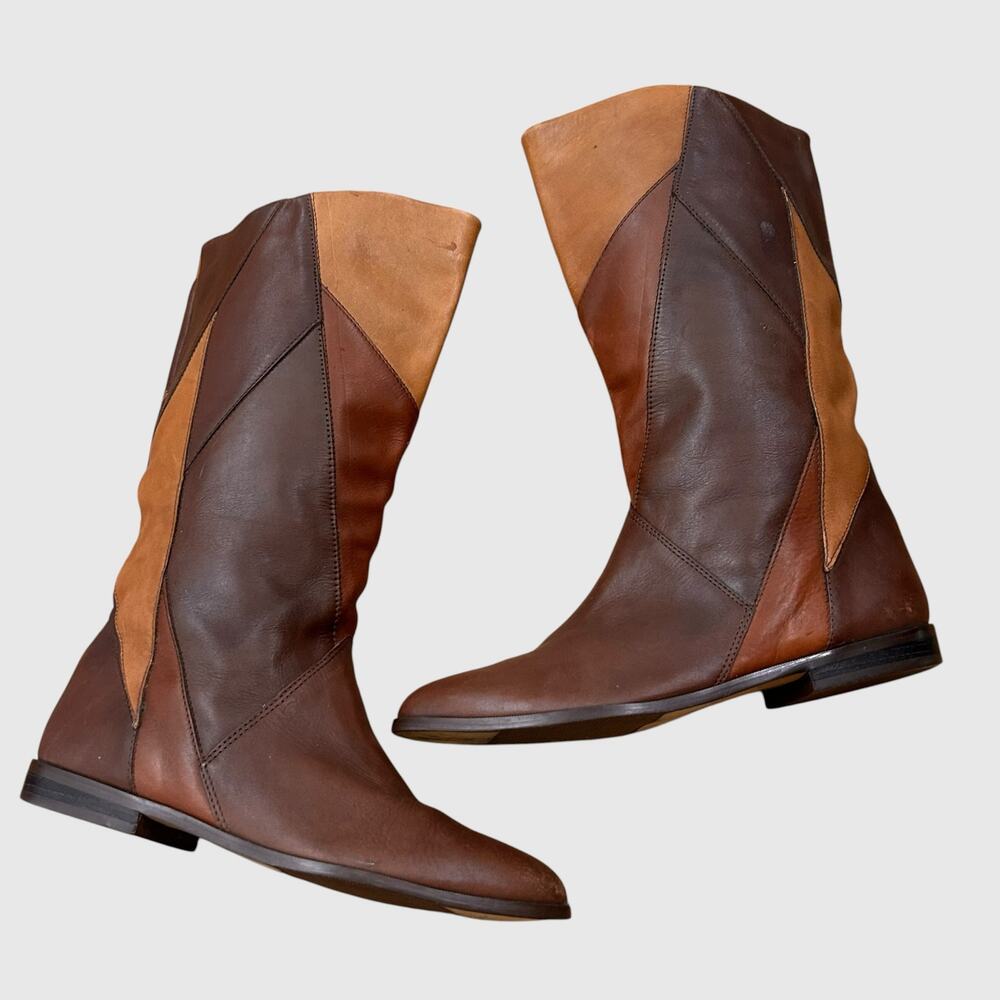 Vintage Brown Tan Patchwork Leather Boots Calf Slip On Boots Size 9 Boho -
